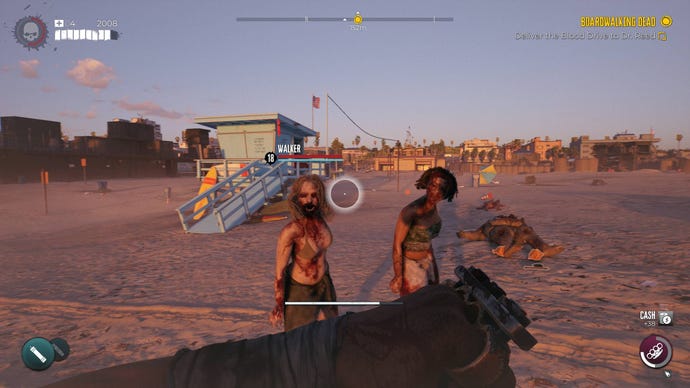 Two zombies shamble towards the player on Venice Beach in Dead Island 2