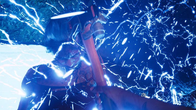 A zombie being axed in the skull with an electrified fire axe, in a screenshot from Dead Island 2