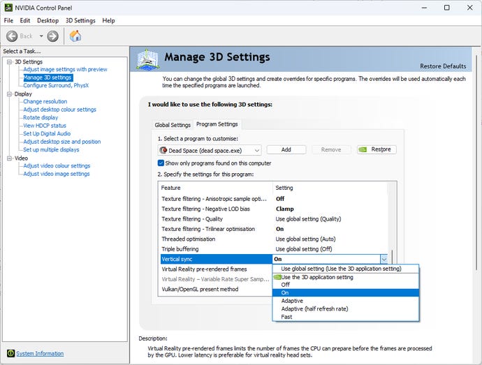 Enabling vsync for Dead Space in the Nvidia Control Panel.