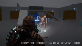 An in-development screenshot of the Dead Space remake, showing a necromorph standing in the dismemberment gym.