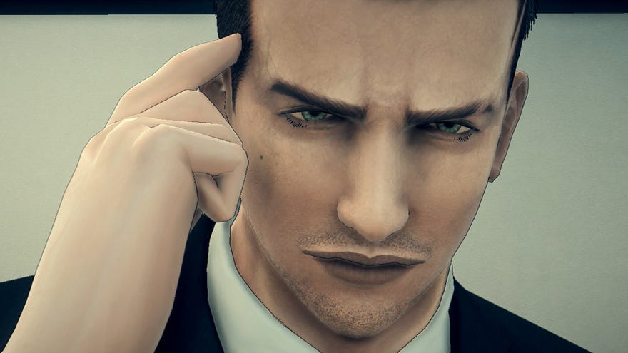 Agent Francis York Morgan taps his temple in a Deadly Premonition 2 screenshot.