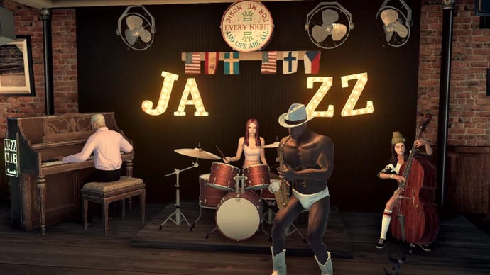 A cowboy in underpants leads a jazz band in a Deadly Premonition 2 screenshot.