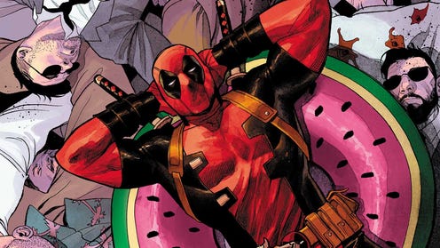 Deadpool relaxing on a watermelon floating device over a sea of what looks like dead bodies