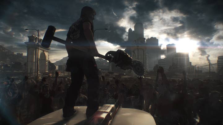 Screen from Dead Rising 3 of protagonist holding a makeshift weapon looking at a city overrun with zombies