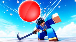 A Roblox character wielding a bladed hockey stick winces as a large red ball hits him on the head.