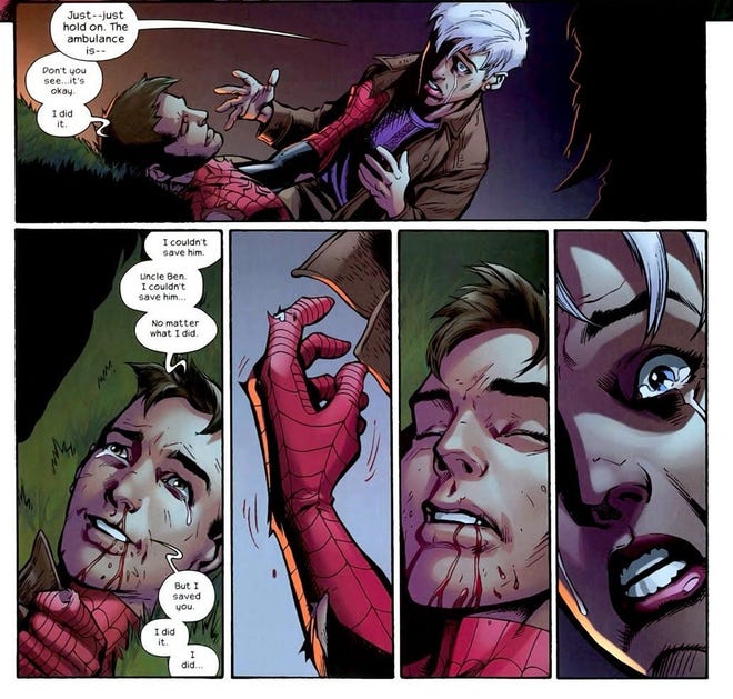 Cropped comics page featuring Peter Parker dying