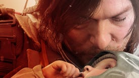 A long-haired man kisses a baby on the forehead in Death Stranding 2: On The Beach