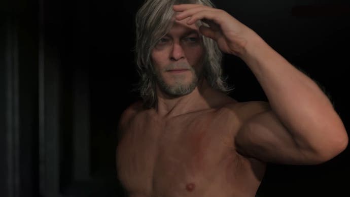 An image from the Death Stranding 2 trailer showing a shirtless Norman Reedus shielding his eyes from the sun.