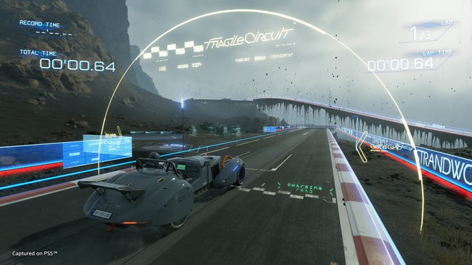 Sam pulls up in a car to race in the new Fragile Circuit in Death Stranding Director's Cut
