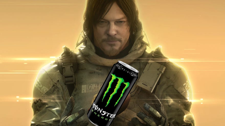 A screenshot of Norman Reedus's character Sam Porter Bridges from Death Stranding, looking at the camera with hands raised - but between those hands, instead of a baby, is a can of monster energy drink