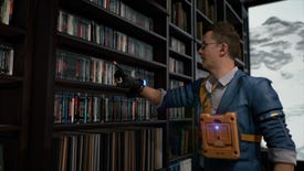Heartman looking at his DVD collection in Death Stranding