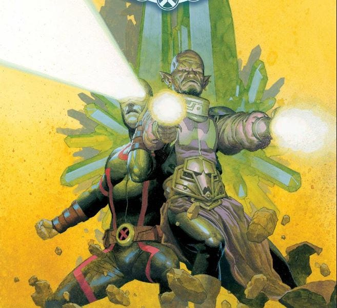 Warlord Kro fights alongside Cyclops on Esad Ribic's cover of A.X.E.: Death to the Mutants #2
