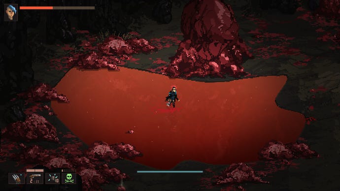 The player character runs through a puddle of blood in Death Trash