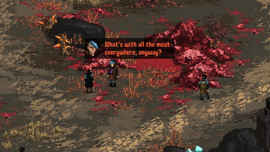 A close-up of the player character in Death Trash asking what's up with all the meat on the ground everywhere