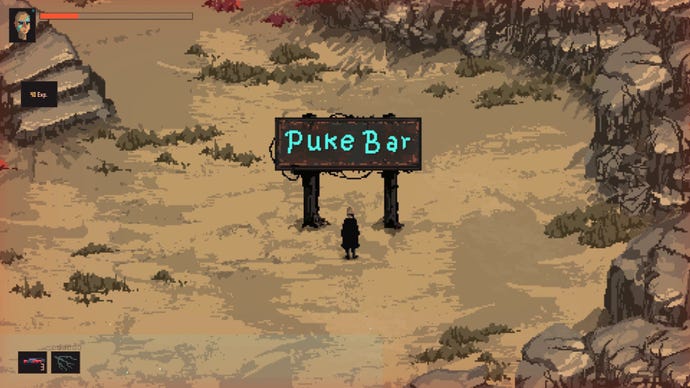 The player character in Death Trash standing in front of a blue neon bar sign that reads Puke Bar