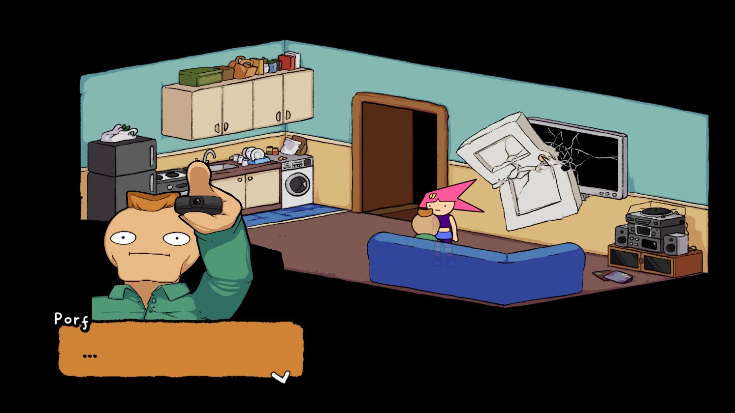 Faye stands in a Porf's house in Deathbulge: Battle Of The Bands, having kicked his front door into his TV