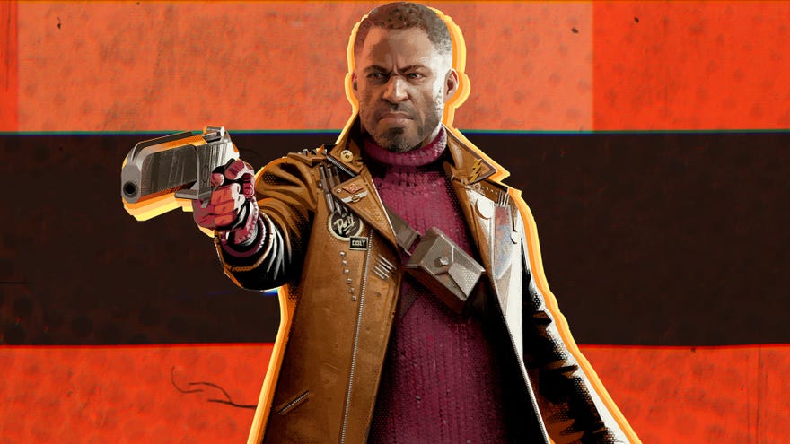 Deathloop's Colt Vahn pointing his gun in front of him, in front of an orange and black background