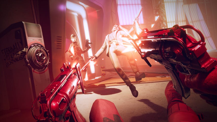 Colt dual-wielding pistols in Deathloop, shooting an enemy who has just entered the room.
