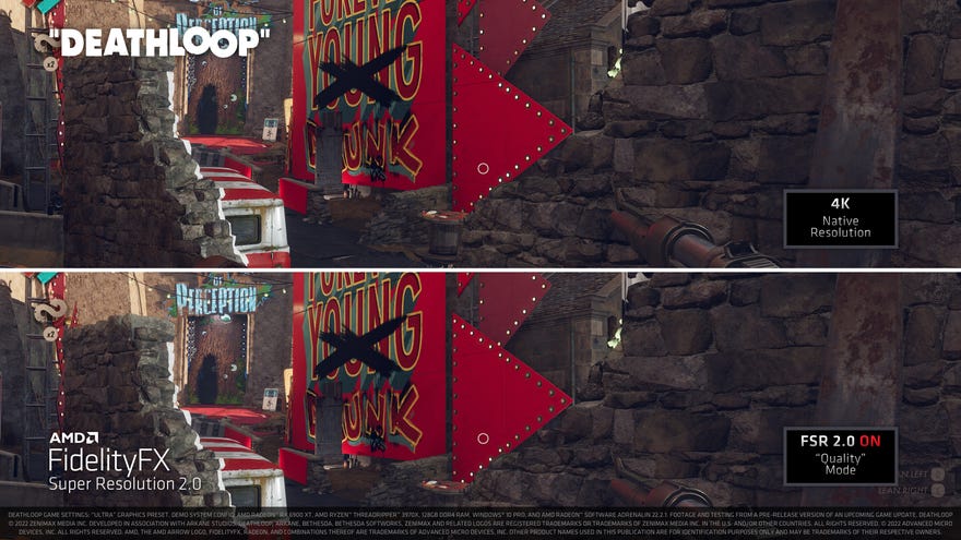 A comparison image showing how FSR 2.0 looks next to native 4K in Deathloop.
