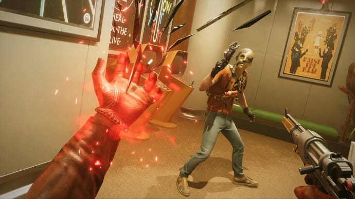 Colt wields one of his paranormal powers in the palm of his hand while facing off against an enemy in Deathloop.