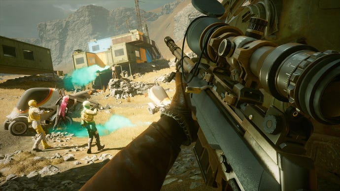 Colt wielding a huge gun in Deathloop, with a group of as-yet-unaware enemies standing a way off in front of him.
