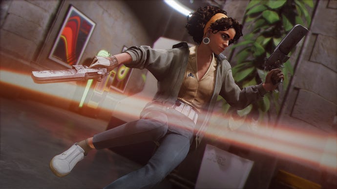 Deathloop's Julianna readying a couple of pistols.