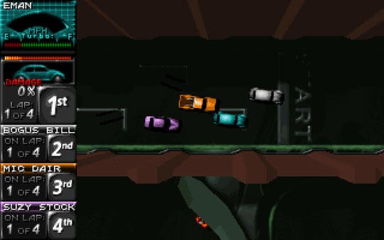 Vier Autos drängeln im MS-DOS-Rennspiel Death Rally aus dem Jahr 1996