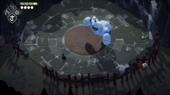 A crow fights a large blue woman called Betty in Death's Door