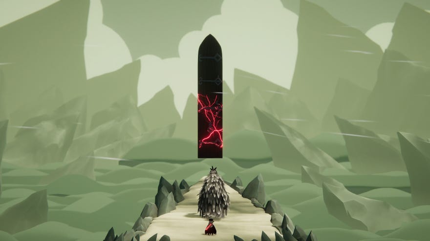 A small crow approaches a hunched-over bird and a strange floating obelisk.