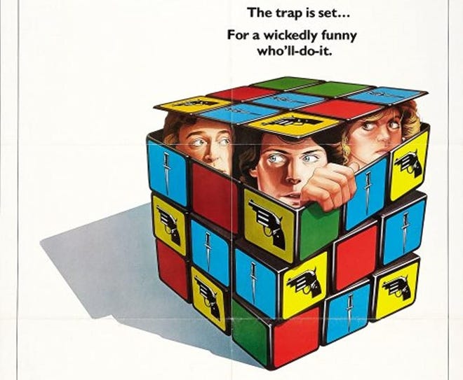 Cropped poster for Deathtrap, featuring Caine, Reeve, and Cannon