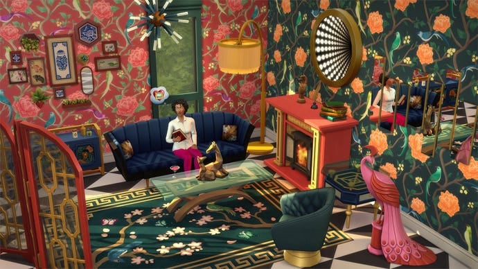 An incredibly busy, eclectic living room designed with items from The Sims 4: Décor to the Max Kit.