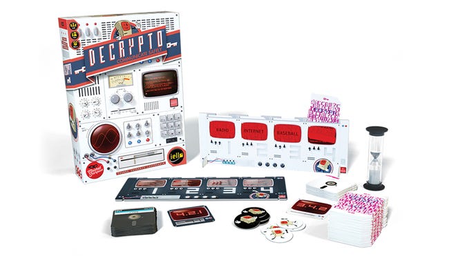 Decrypto family board game box and components
