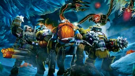A squad of dwarven miners pose in front of a threatening robot in Deep Rock Galactic's season 2 artwork.