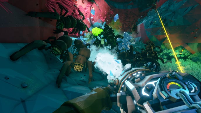 Blasting bugs in a Deep Rock Galactic screenshot.