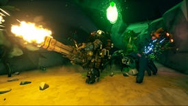 An armoured dwarf fires a gatling gun underground in Deep Rock Galactic