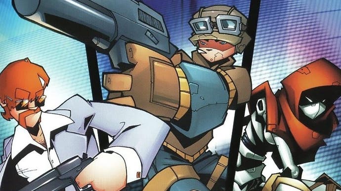 TimeSplitters 2's cover artwork showing stylised characters wielding guns.