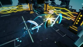 A screenshot from Deflector showing the player character bouncing an attack back at an enemy, in a flurry of blue and yellow