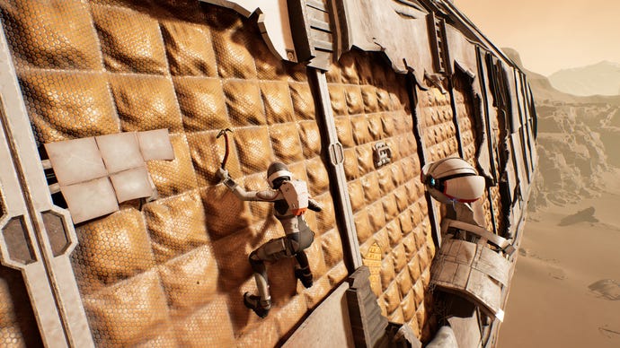 An astronaut uses climbing axes to work their way along an exposed padded exterior wall of a space shuttle in Deliver Us Mars