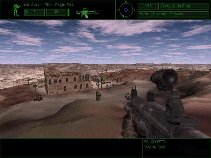 A screenshot of the original 1998-released Delta Force FPS from NovaLogic, showing the player running across a desert.