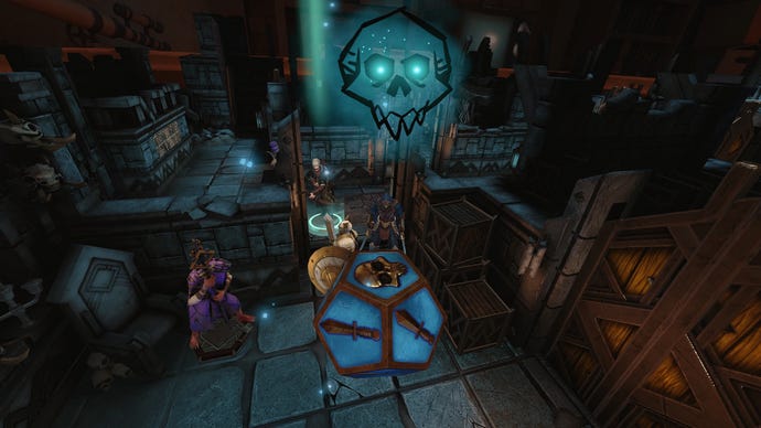 Kostky v Demeo, 3D VR stolní RPG/strategické hře, hodily symbol lebky, což vypadá jako špatné znamení.