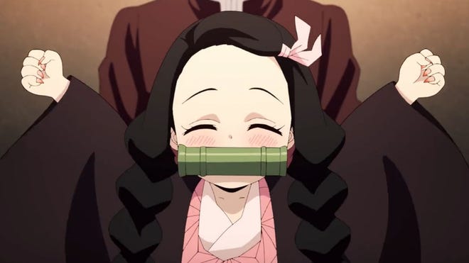 Nezuko with a happy expression in the Demon Slayer season 3 anime.