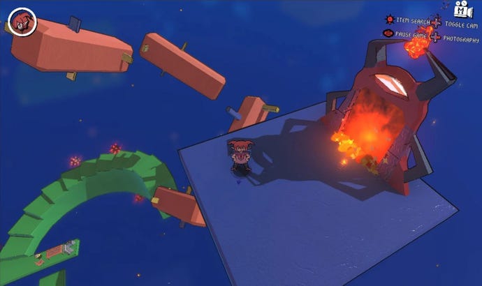 A demon stands on a blue, abstract platform in Demon Turf