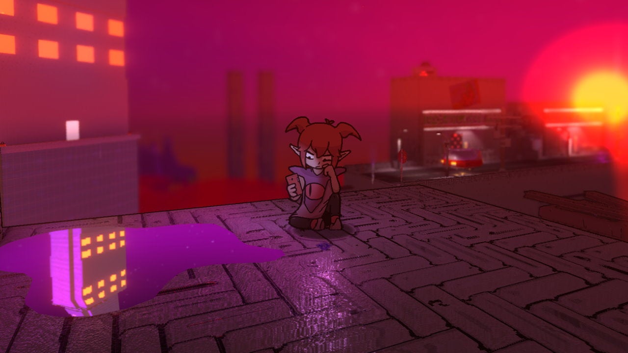 A demon looks at her phone in Demon Turf