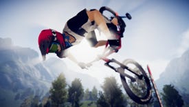A mountain biker spinning around in a Descenders screenshot.
