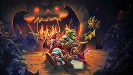 A group of fantasy adventurers are surrounded by enemies in a dark cavern in Desktop Dungeons Rewins