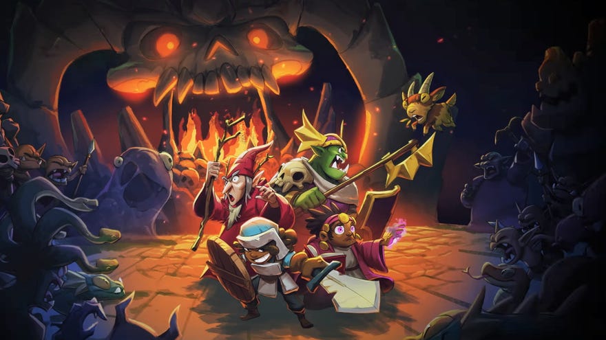 A group of fantasy adventurers are surrounded by enemies in a dark cavern in Desktop Dungeons Rewins