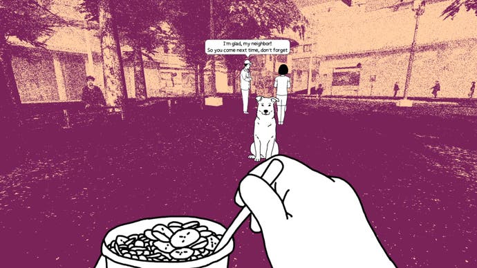 The first person perspective of a child holding a spoon in some kind of bowl or dish with small disc-shaped things in. A dog sits nearby watching. The characters are plane white line drawings, almost, while the area around is a heavily filtered photograph, rendered in purple and orange.