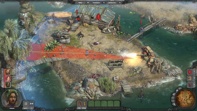Isabelle guns down loads of bad guys with their own gatling gun in a swamp in Desperados 3