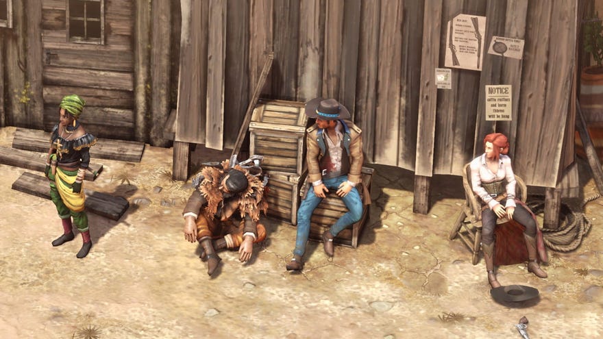 A group shot of the main characters from Desperados 3 sitting at an old outpost