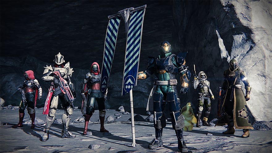 A squad from the original Destiny standing next to a flag, with Kung Fu Panda's Master Oogway also basking in their glory.